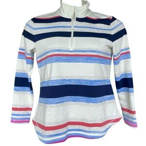 Talbots Stripe Pullover Women 1/4 Zip Long Sleeve Sweatshirt Nautical Navy Coral